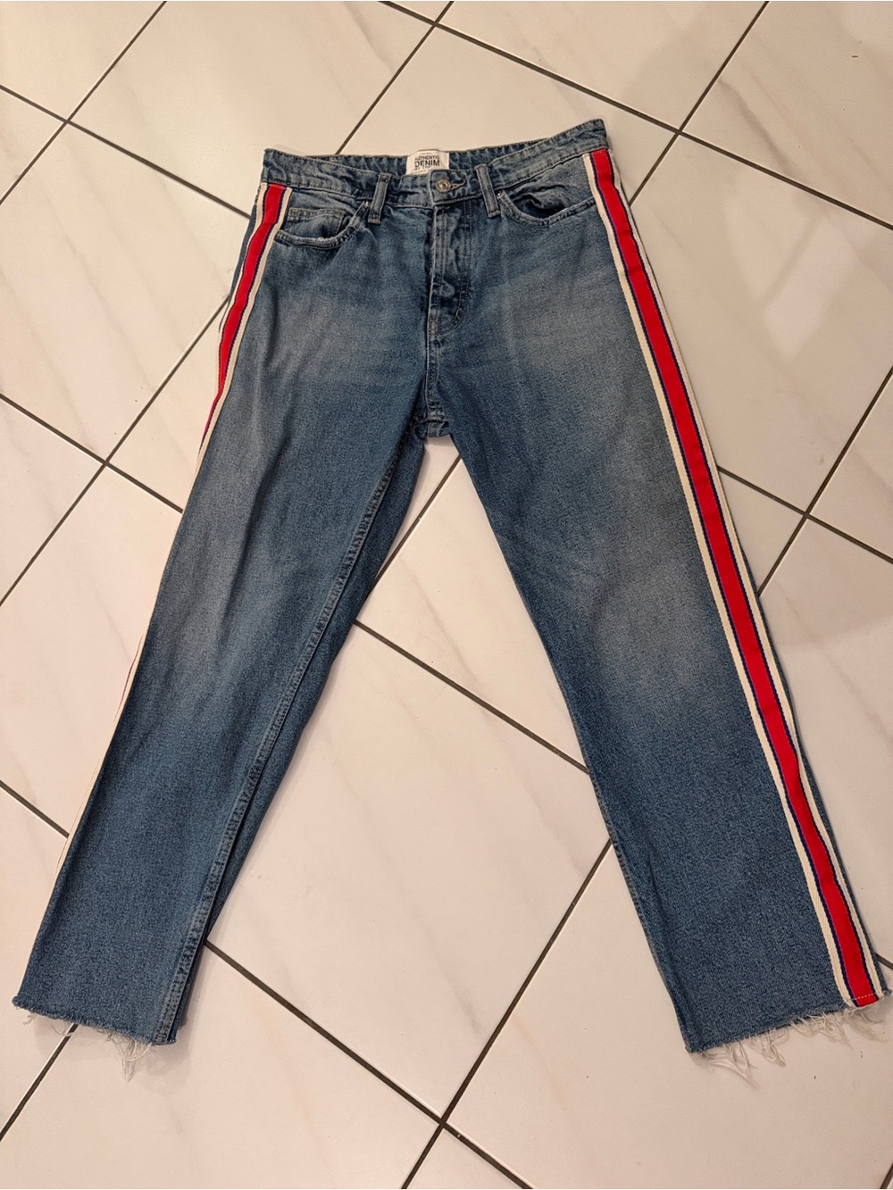 Blue Denim Zara’s Trufluc Jeans with Red & White Sporty Side Stripe -sz.6